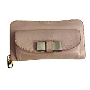 Chloe Light Pink Long Leather Wallet with Gold Tone Bow Authentic with COA